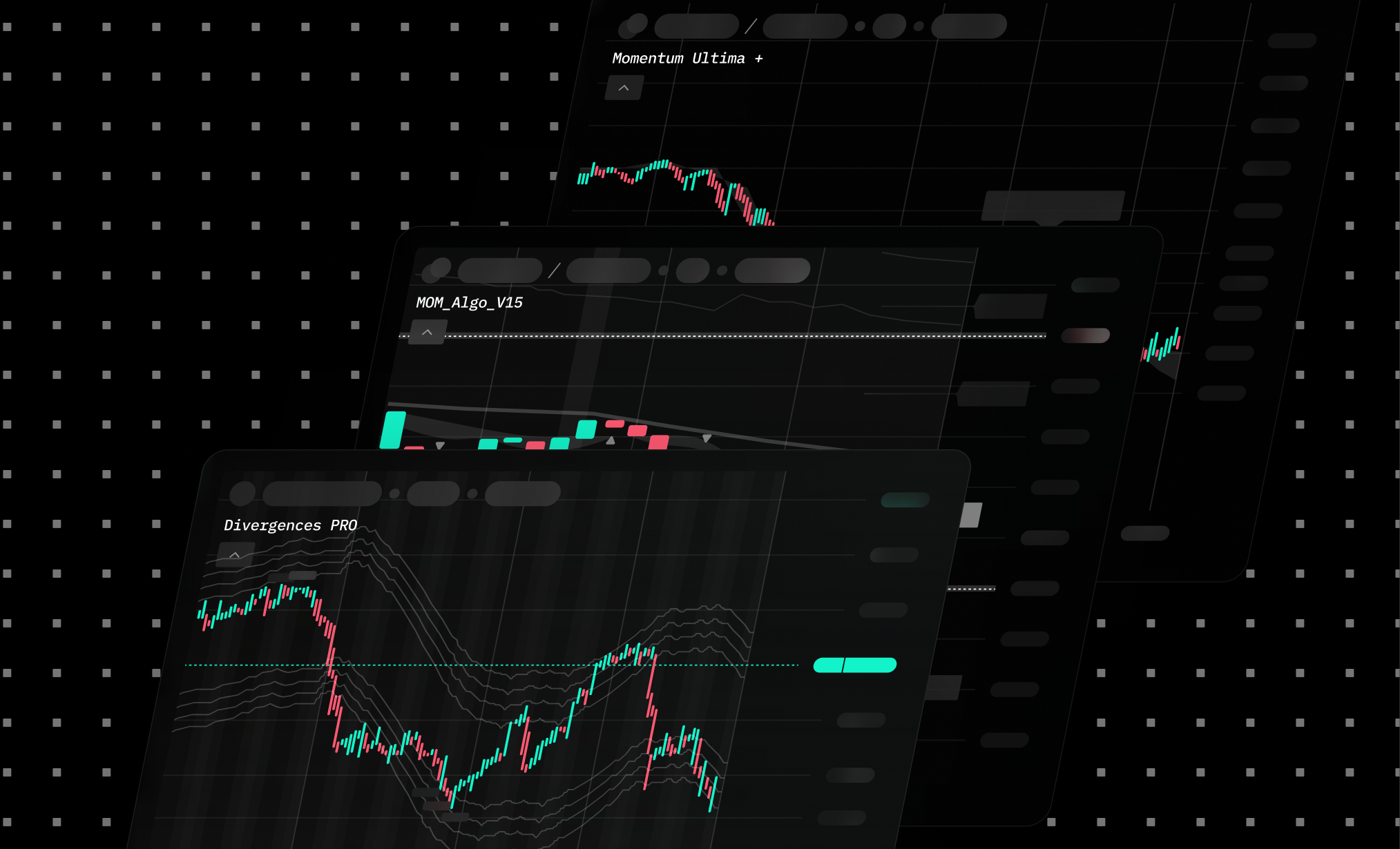 Angled SentimenTracker panels running the Momentum Ultima, MOM Algo V15 and Divergences PRO indicators