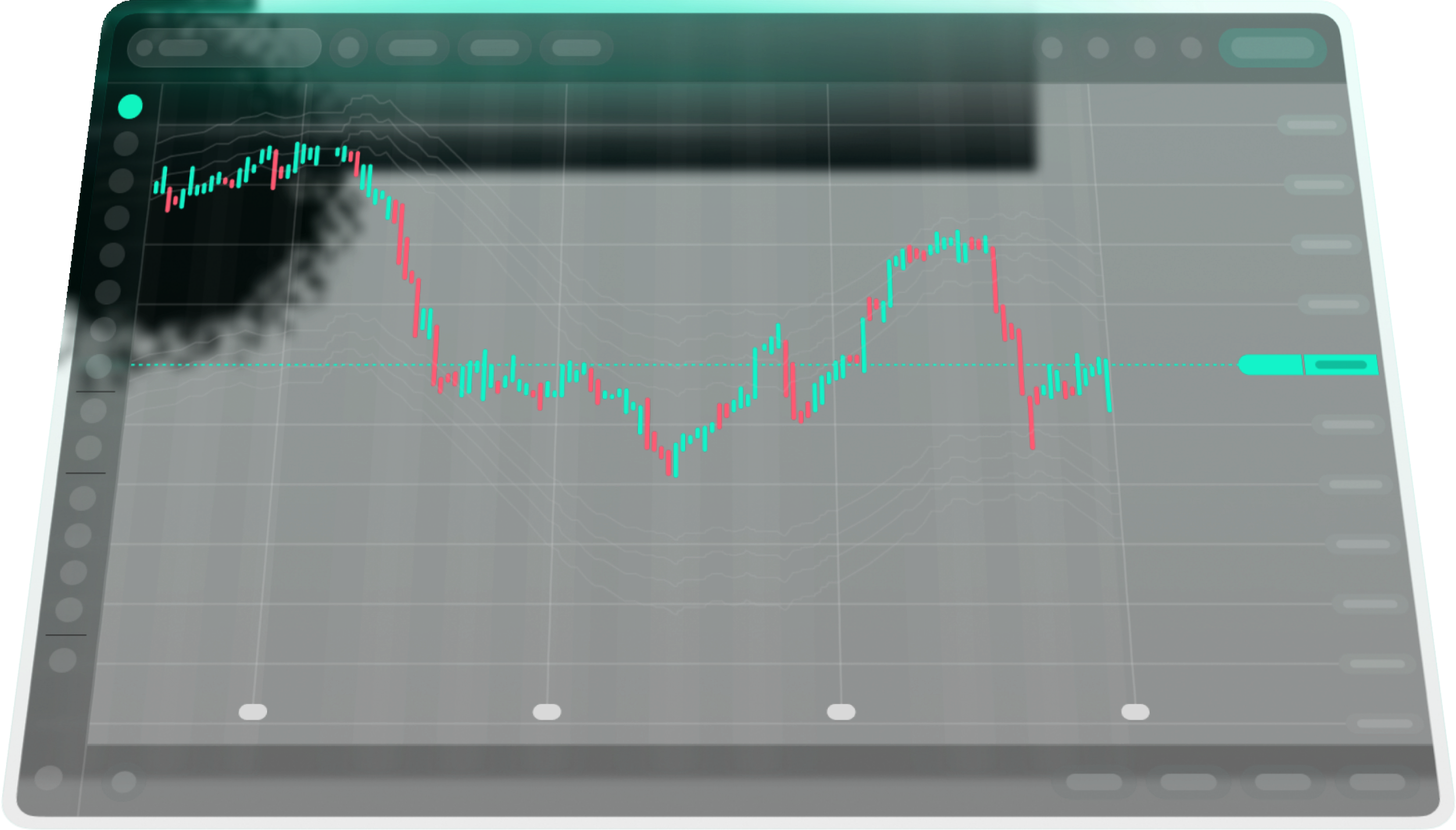SentimenTracker terminal showing a candlestick chart with proprietary signal overlays